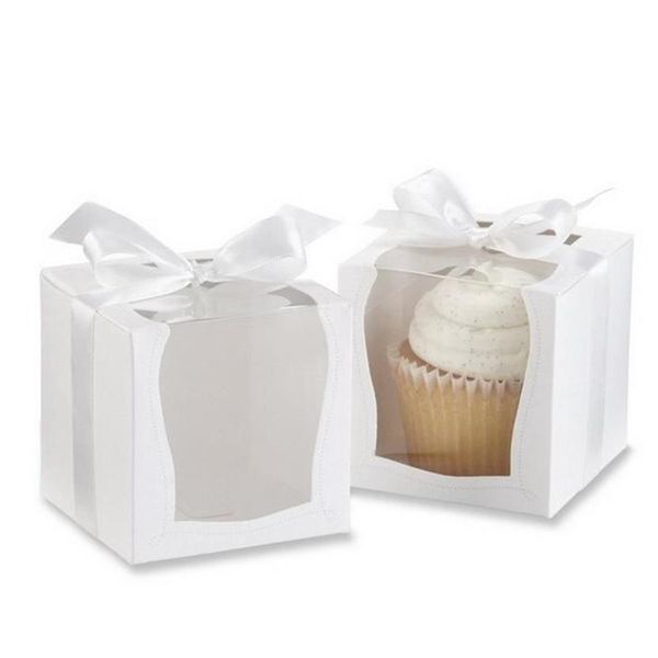 Ganze Geschenkbox aus Papier, 9 x 9 cm, einzelne Cupcake-Boxen mit Einsatz und Schleife, Hochzeitszubehör, 12 Stück281F