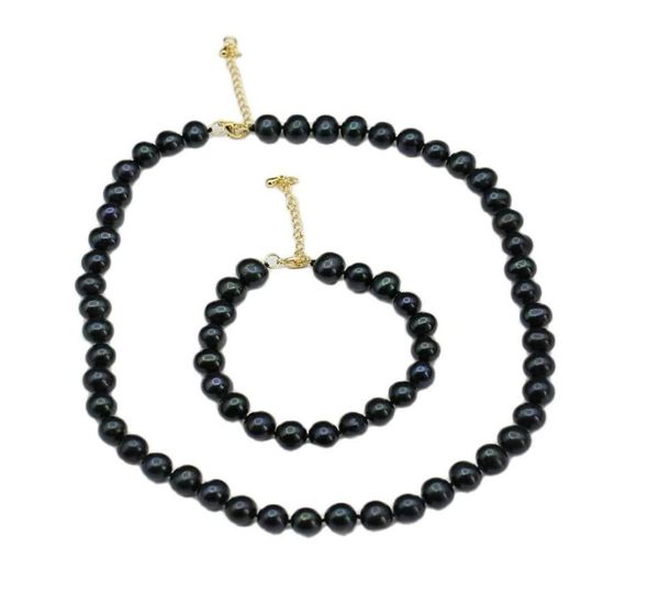 Real natural pavão azul preto redondo pérola colar pulseira define presente simples para senhora girls1785081