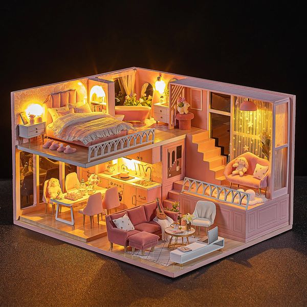 Architettura/Casa fai-da-te Casetta per bambini Mini casa delle bambole in miniatura Kit per casetta fai-da-te Sala di produzione Giocattoli da principessa Decorazione della camera da letto di casa con mobili W 231212