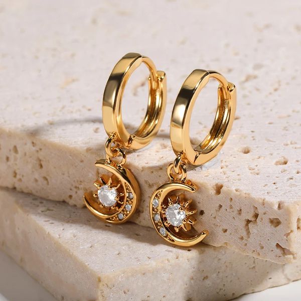 Stud Zircon Paslanmaz Çelik Çember Küpeler Parlayan Kadınlar İçin Yıldız Ay Düğün Takı Hediyesi Moda Seridaşları 231212