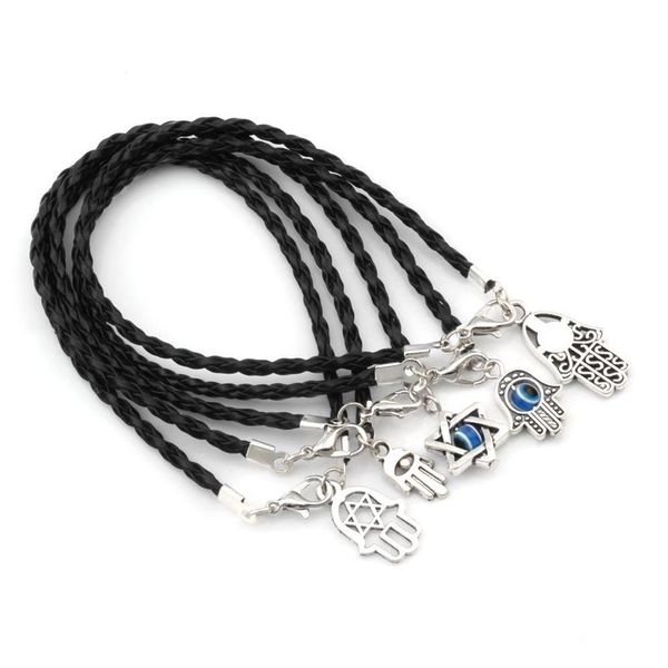 100 pezzi misti Kabbalah Hamsa mano portafortuna braccialetti corda intrecciata in pelle nera 17 -21 cm269G