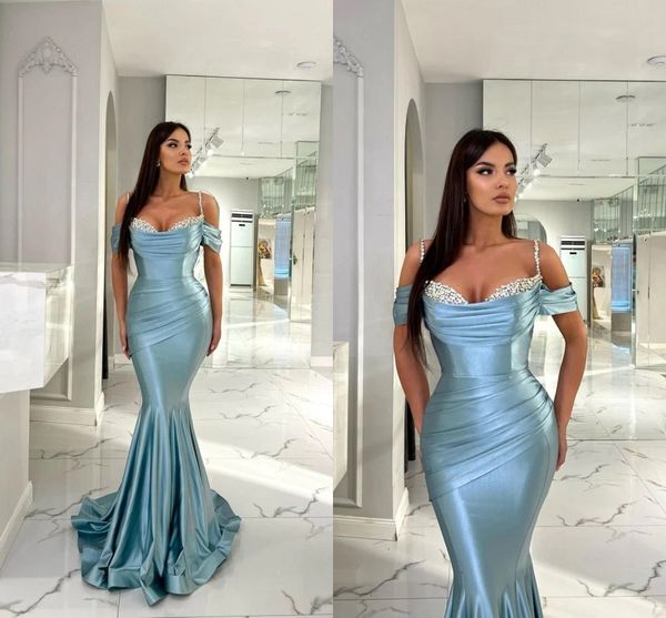 Elegante fora do ombro alças de espaguete vestidos de baile céu azul sereia plissados babados até o chão vestidos de noite com miçangas lantejoulas