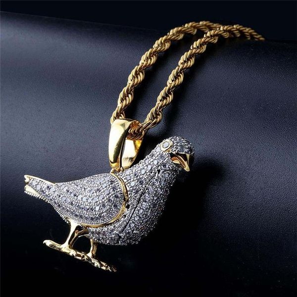 Hip Hop Jóias Iced Out Pigeon Pingente Colar Com Corrente de Ouro para Homens Micro Pave Zircon Animal Necklace2758