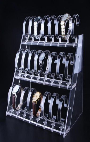 Exibição de relógio de acrílico transparente Stand três camadas de 24 bits de relógio de relógio Jóias Showcase Watch Bracelet Display Rack 4580396