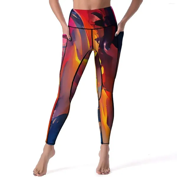 Leggings femininas preto pôr do sol impressão abstrata treino ginásio yoga calças de cintura alta leggins de secagem rápida gráfico esportes collants presente de aniversário