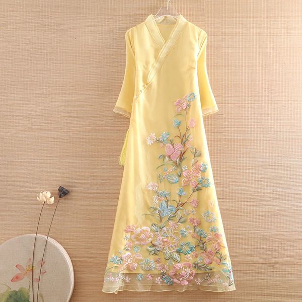 Ethnische Kleidung Highend Frühling Sommer Frauen Organza Kleid Retro Elegante Stickerei 34 Ärmel Aline Lady Party Hanfu SXXL 231212