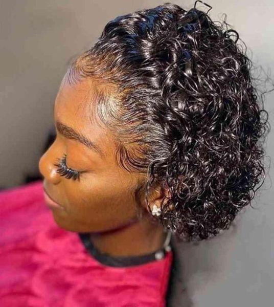 Perruque Brasilianische kurze Pixie Cut Curly Lace Front Perücke für schwarze Frauen Menschenhaar Pixie Curls Verschluss Perücke Tpart Pixie Perücken65353436340923