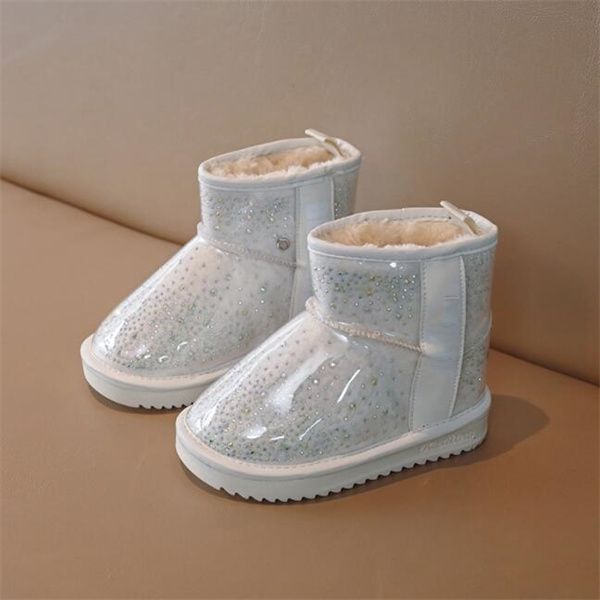 Botas de neve para meninas no outono e inverno, novos sapatos de princesa com lantejoulas, botas quentes de caxemira para crianças grandes