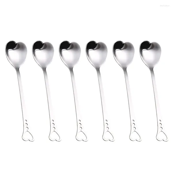 Colheres de 6pcs formato de coração aço inoxidável colher colher de sobremesa agitando para café açucareiro