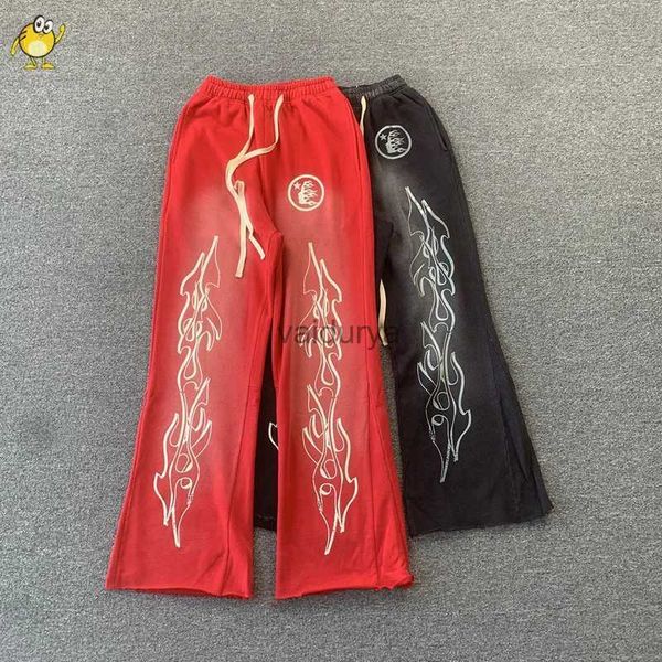 Damenhose Capris 2023fw Hellstar Flare Hose Loose Stretch Rope Washed Do Old Patchwork Streetwear Schwarz Rot Lässige Frotteehose Flame Graphic YQ231213