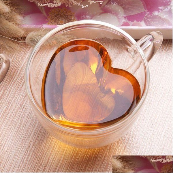 Tazze Tazze 180Ml 240Ml Doppia parete in vetro Caffè Tazze da tè al latte a forma di cuore trasparente con manico Regali romantici Consegna a domicilio Ga Dhfgl