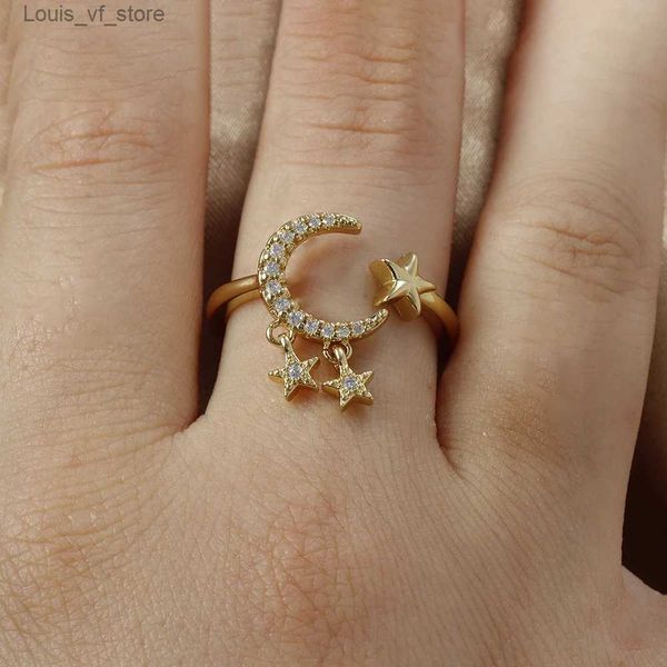 Bandringe Neues Design Zirkonstar Moon Open Ring für Frauen Luxus modische Edelstahl Finger Ring Korean Schmuckparty Girls sexy Ring T231213