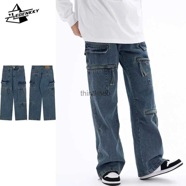 Calças masculinas Hip Hop Cargo Jeans Homens Mulheres High Street Oversize Multi-bolso Denim Lavado Angustiado Zipper Cowboy Pant Baggy Casual Techwear YQ231213