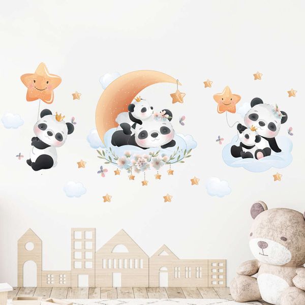 Adhesivos de pared de estrellas con dibujos de Panda en la Luna, nubes, para habitación de niños, guardería, dormitorio, sala de estar, decoración del hogar