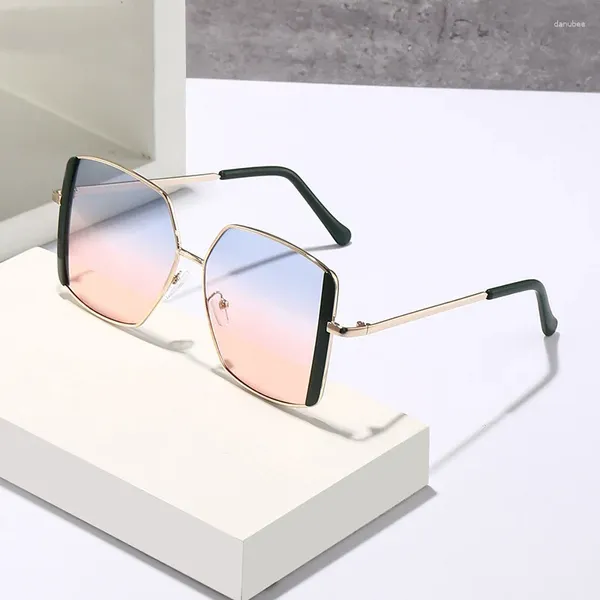 Óculos de sol grande quadrado gradiente para mulheres homens moda vintage carro condução metal azul rosa uv400 óculos de sol óculos