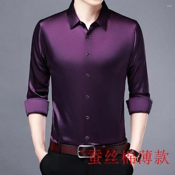 Herren-Freizeithemden aus violettem Satin für Herren, Hochzeit, Party, Kleid, glatte Seide, burgunderrote Bluse, große Größe, bordeauxrote Kleidung, Geschäftsbüro