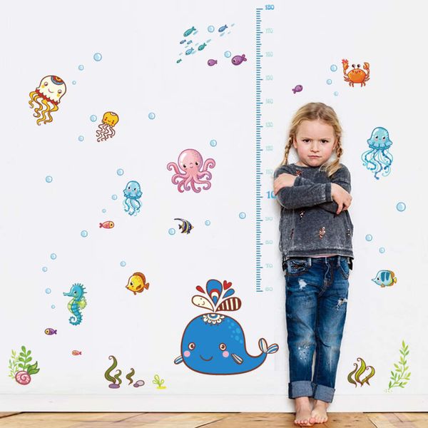 Adesivos de parede de altura para crianças, animais do oceano, desenho animado, peixe, golfinho, baleia, decoração de casa para quarto de crianças, arte, decalques de parede removíveis