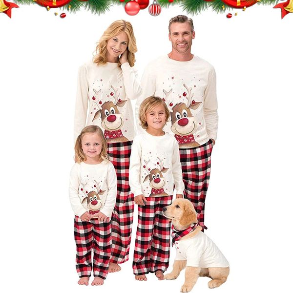 Passende Familien-Outfits, passendes Weihnachts-Pyjama-Set für die Familie, Weihnachtskleidung, Vater, Mutter und ich, Hirsch-Oberteil, rote karierte Hose, Nachtwäsche, Pyjama-Outfit 231212