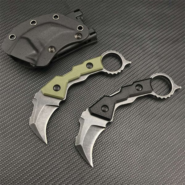 Karambit Artiglio Coltello G10 Maniglia 7cr13mov Stonewash Lama fissa Mini EDC Coltelli tascabili Strumento di sopravvivenza tattico esterno Fodero Kydex 962