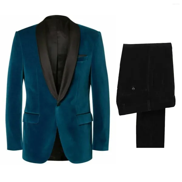 Ternos masculinos de 2 peças de veludo com um botão jaqueta de lapela de cetim e calças para jantar de festa de baile