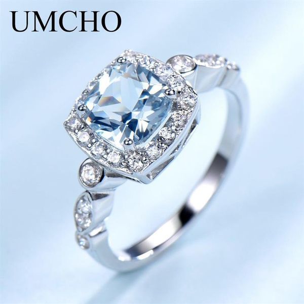 Umcho Echt S925 Sterling Silber Ringe Für Frauen Blau Topas Ring Edelstein Aquamarin Kissen Romantische Geschenk Verlobung Schmuck Y1905313G