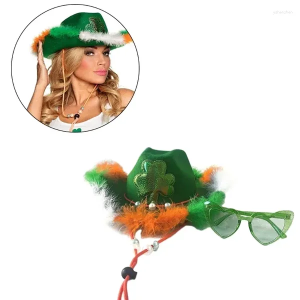 Berets carnaval festa adulto cowboy chapéu com coração óculos de sol patricks dia pena borda irlandês ferramentas à prova de vento