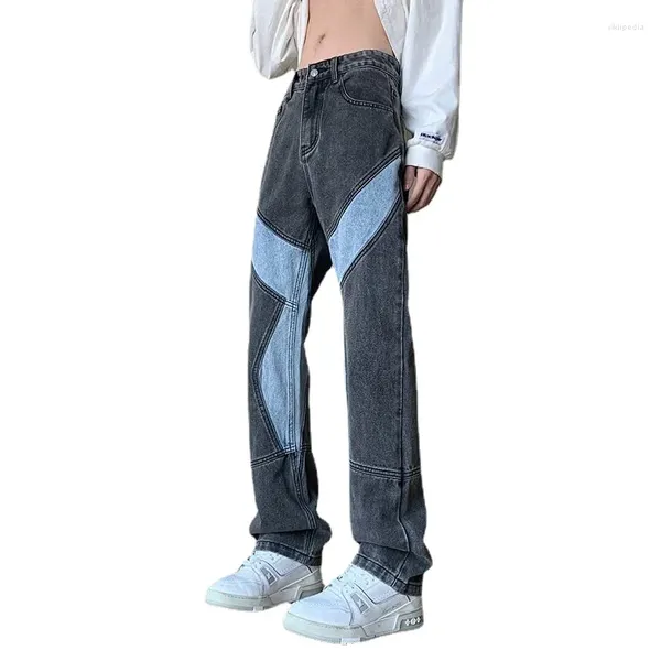 Jeans masculinos contrastantes cor retalhos para verão high street design na moda perna reta babados e bonito calças casuais