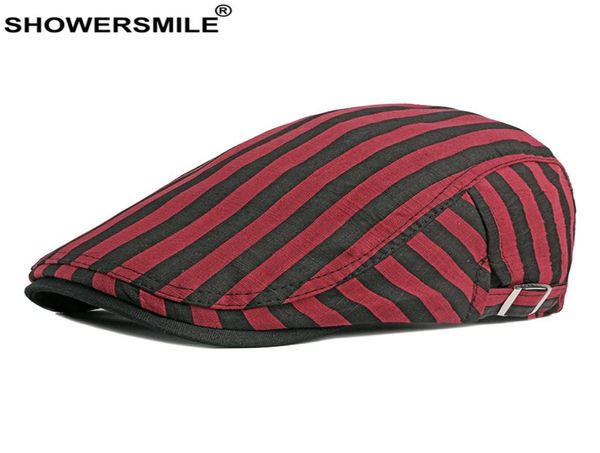 Chuveiro vermelho preto listrado boinas masculinas 100% algodão estilo britânico vintage tampas planas para homens primavera verão artista chapéu chapeau lj2011253495053