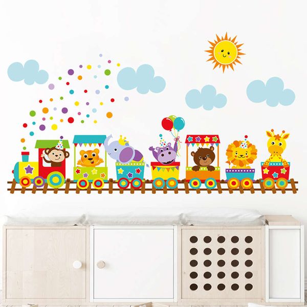 Мультяшные милые животные, поезд, солнечные облака, наклейки на стену для детской комнаты, детские наклейки на стены, домашние декоративные наклейки, декор