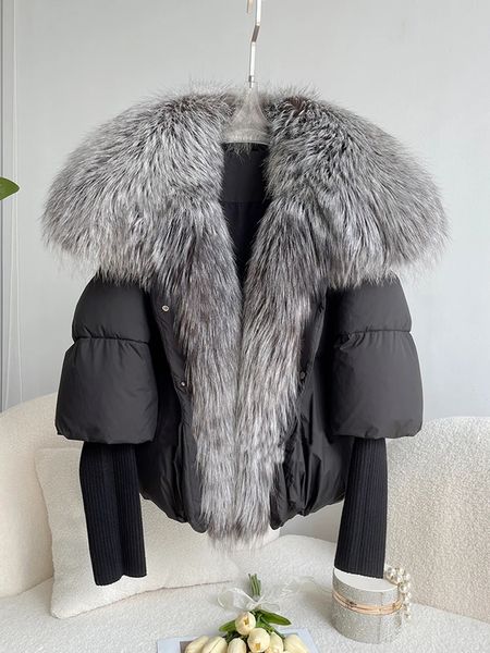 Mulheres Down Parkas Janveny Grande Real Silver Fox Fur Collar Pato Branco Down Jacket Mulheres Inverno Luxo Puffer Casaco Oversize Pena Outwear 231212