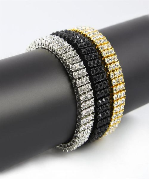 Bracciale da uomo simulato in oro nero con finitura argento a 3 file con strass da 8 pollici 12 mm con strass ghiacciato Hip Hop Bling ewelry304B94446806300649