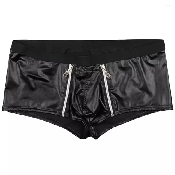 Cuecas sexy homens zíper aberto frente boxers lingerie de couro falso boxer shorts masculino erótico macio roupa interior underpant gay calcinha