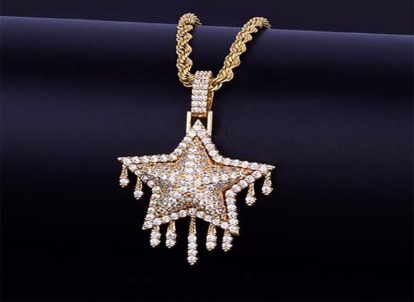 14k Gold plattiert eisiges Labor Diamant Star Tropf Anhänger Frauen Frauen mit 24 -Quot -Seilkette Halskette Silber Gold Farbe Zirkon Hip Hop Jew5886017