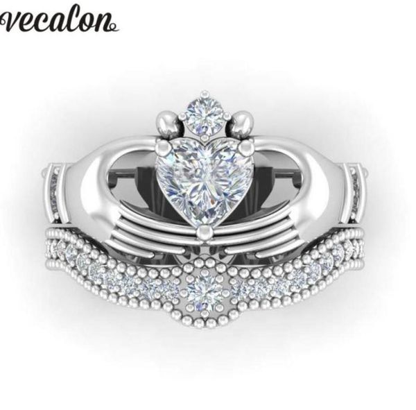 Обручальные кольца Vecalon Luxury Lovers Claddagh Ring 1ct 5A Циркон Cz Белое золото Заполненный обручальный набор для женщин и мужчин2395368