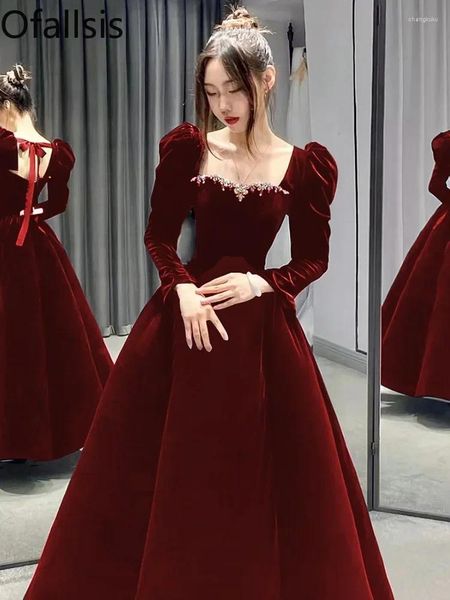 Abiti casual Ofallsis collo quadrato con maniche a sbuffo in rilievo abito da cocktail incinta 2023 autunno sposa rosso a maniche lunghe sera di fascia alta