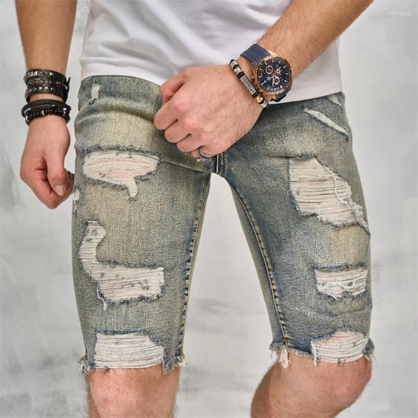 Erkek kot pantolon yaz yırtılmış vintage ince denim şort sokak kıyafetleri şık delikler rahat düz beş noktalı pantolon