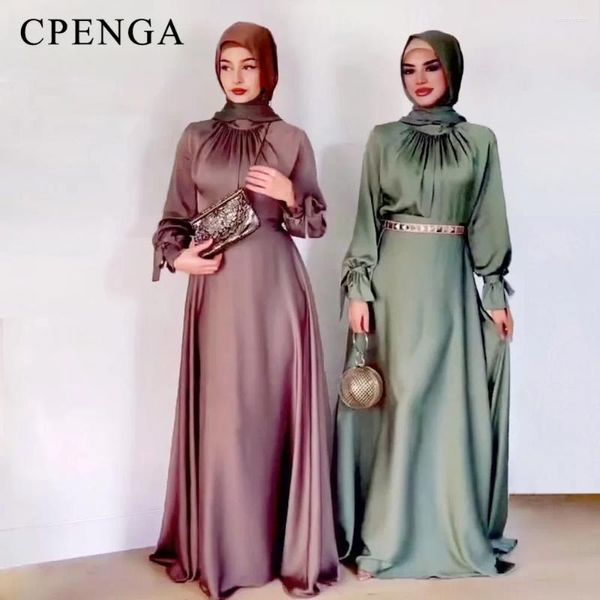 Roupas étnicas Mulheres Muçulmanas Vestido de Cetim para Festa Islam Vestidos Modestos Árabe Feminino Elegante Longo Robe Prom Roupas de Noite 2023