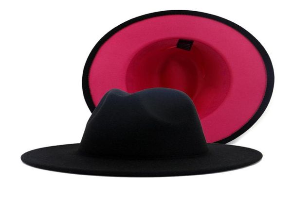 Schwarz Rosa Doppelseitiger, farblich passender Wollfilzhut Schwarzer Filzbanddekor Damen Herren Panama-Fedora-Hüte mit flacher Krempe8684942
