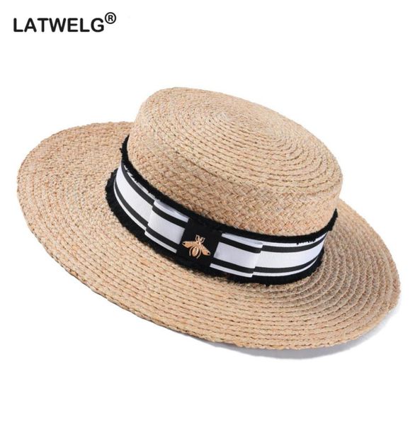 Moda abelha verão chapéu de sol para mulheres natural ráfia crochê chapéu de palha com fita plana chapéu panamá verão viagem praia chapéus y2007163033669