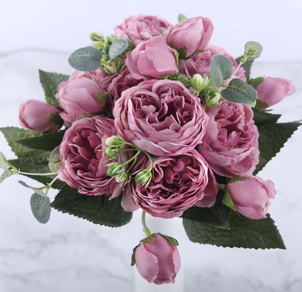 30 см розово-розовый шелковый пион Букет искусственных цветов 5 больших головок и 4 бутона Дешевые поддельные цветы для домашнего свадебного украшения Indoor8874567