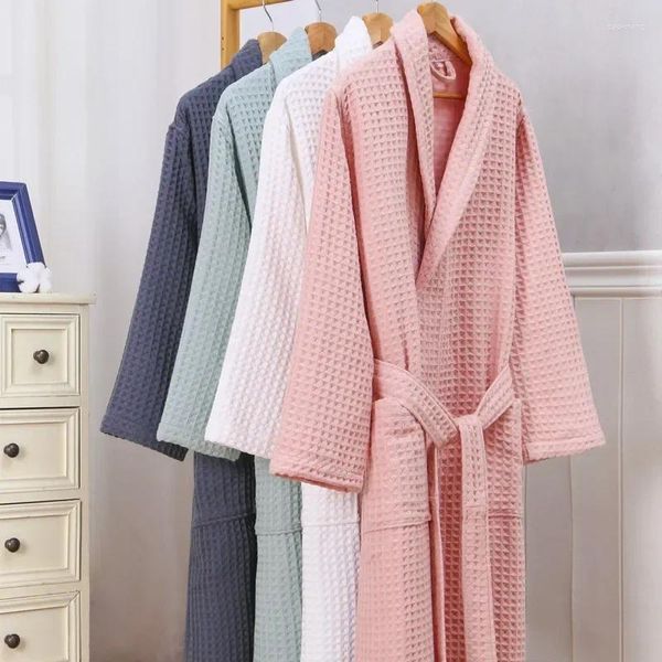 Mulheres sleepwear 2 camada waffle el robe homens algodão quimono roupão toalha banho de água roupões mulheres vestido longo