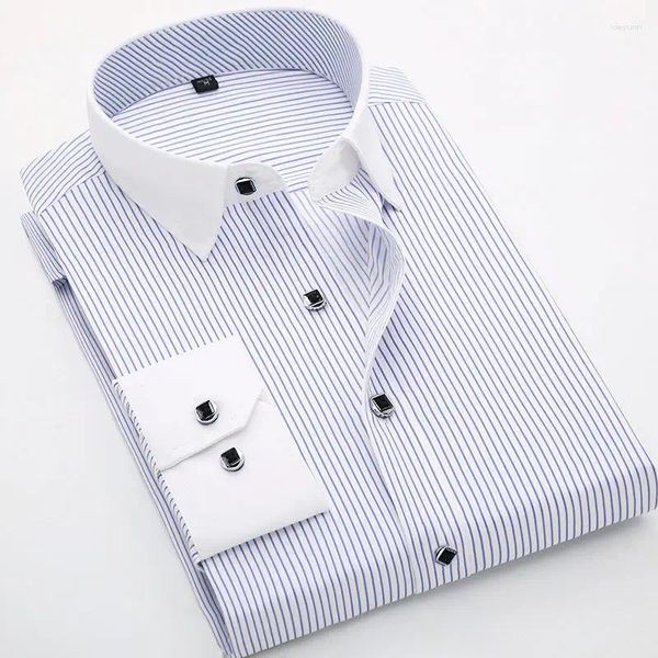 Camicie casual da uomo Camicia elegante con polsini francesi Camicia bianca a maniche lunghe formale da lavoro elegante a righe da uomo con gemelli