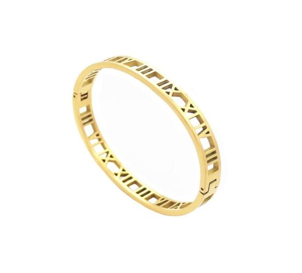 Intero 6 pezzi / lotto Bracciale in acciaio inossidabile con numeri romani Gioielli Bracciale in oro giallo Colore scava fuori per le donne26111020572