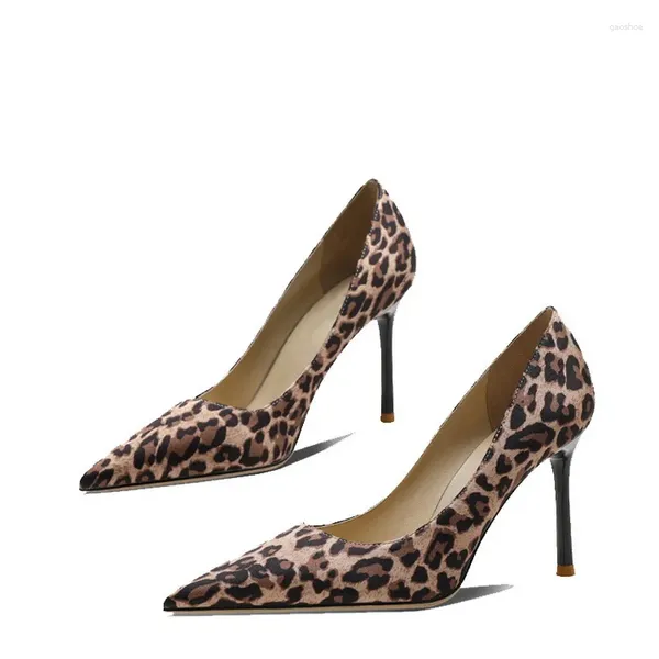 Kleidschuhe FHANCHU 2023 Frauen Pumps Flock High Heels Leopard für Büro Dame Shallow Out Slip On Spitz Große Größe Dropship
