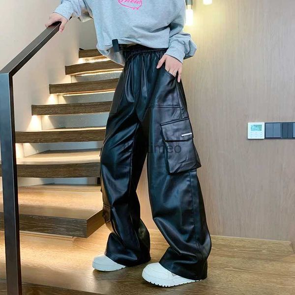 Calças masculinas Calças de couro preto calças masculinas oversized retro bolso carga calças masculinas streetwear hip-hop solto calças retas calças largas dos homens M-2XL yq231213