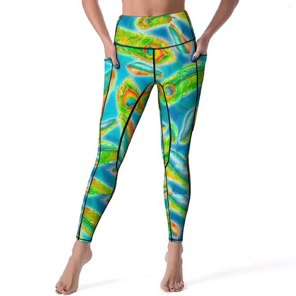 Calças ativas coloridas pavão pena leggings animal impressão correndo yoga cintura alta esporte do vintage elástico gráfico legging