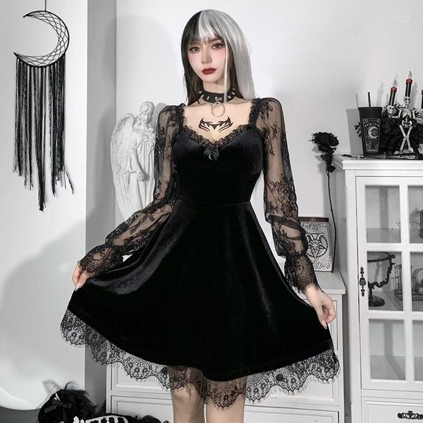 Lässige Kleider Sexy Kleid Dark Fashion 2023 Herbst Hip Hop Spitze Brust Ausgestellte Langarm