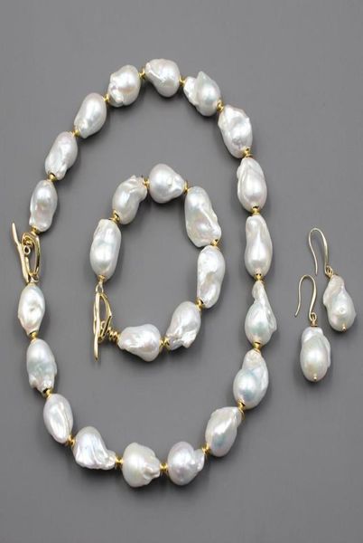 Guaiguai joias naturais de água doce cultivadas brancas keshi barroco pérola colar pulseira brincos conjuntos para mulheres senhora fashion9008560