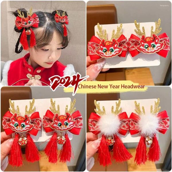 Acessórios de cabelo adorável crianças vermelho hairpin mascote dragão chifre ano chinês headwear menina hanfu lado clipe doce bebê