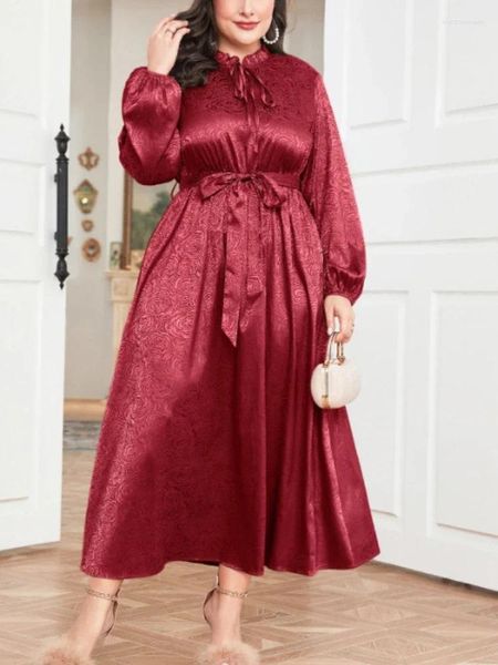 Plus size vestidos borgonha cetim manga longa lanterna uma linha elegante senhora casual cocktail festa de férias 4xl vestidos com cinto